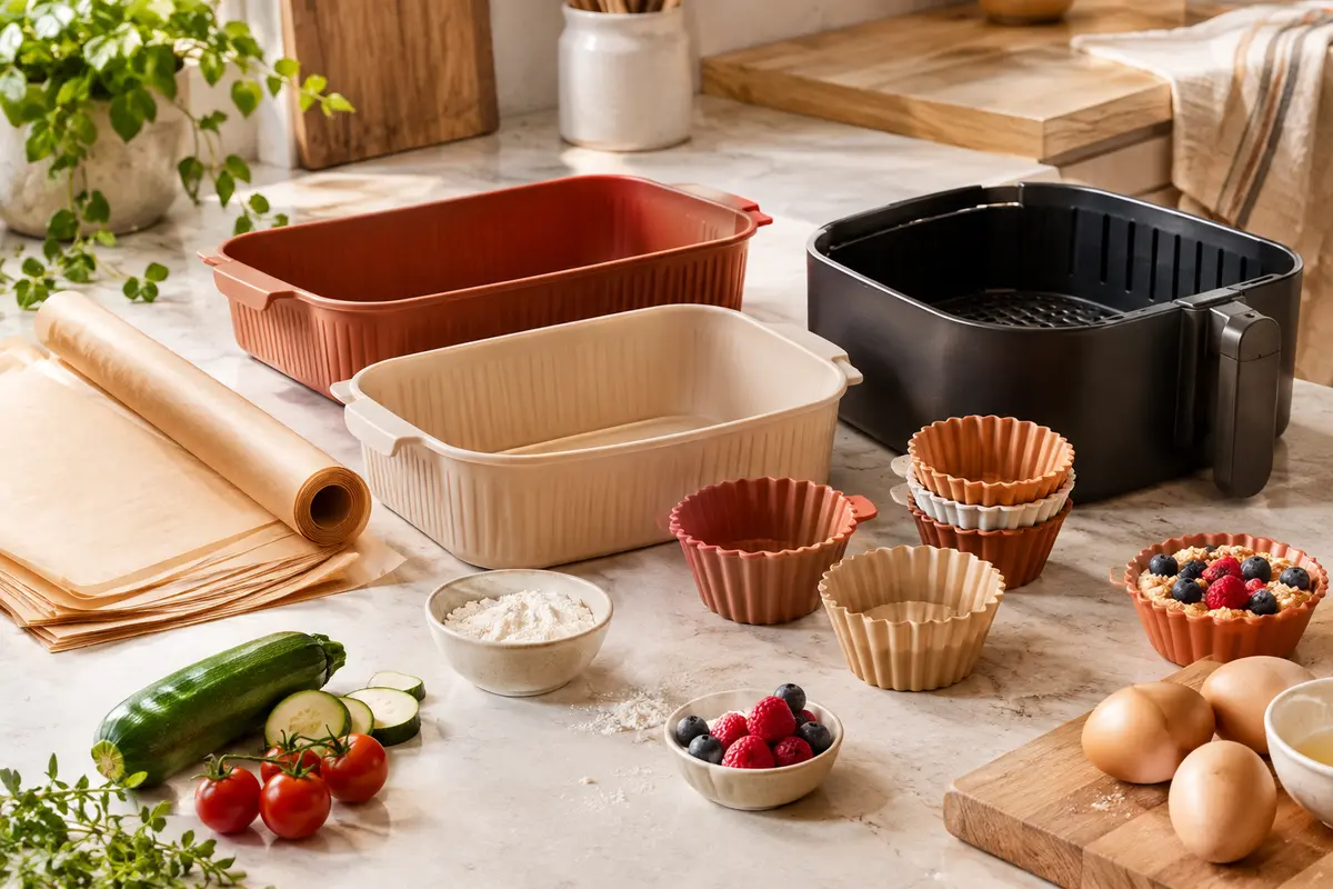 Papiers de cuisson, bacs en silicone et moules posés sur un plan de travail clair