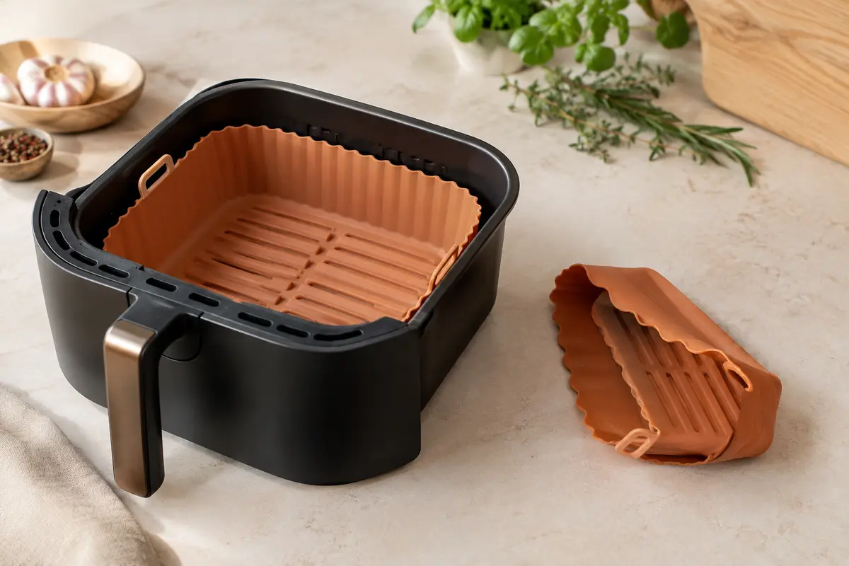 Bac réutilisable en silicone installé dans un panier de friteuse à air