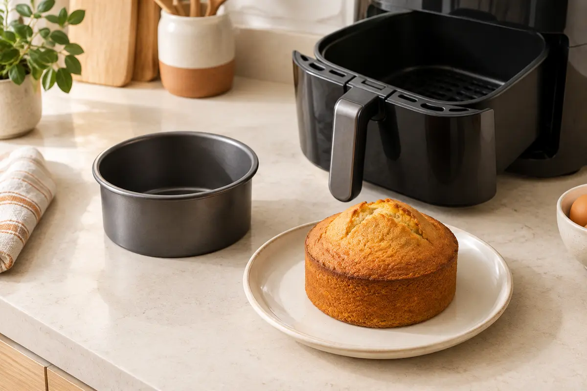 Petit moule à gâteau et gâteau doré près d’une friteuse à air