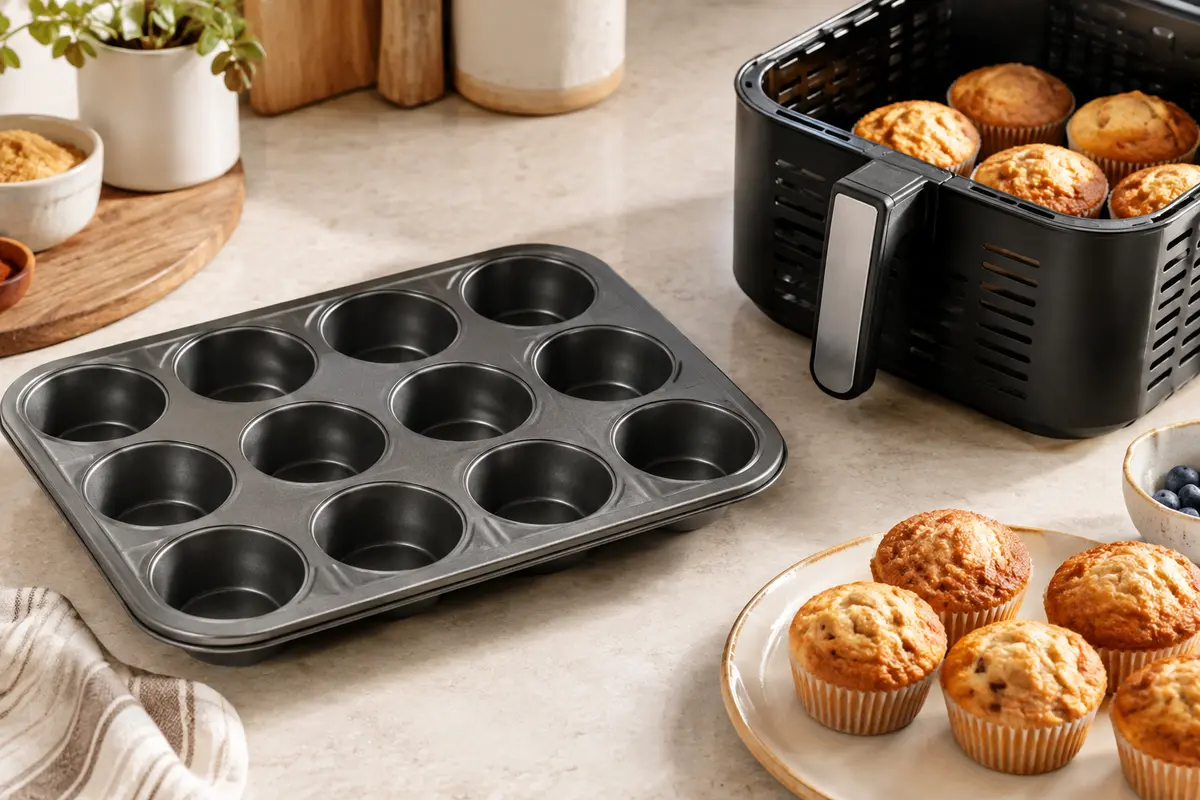 Moule à muffins multi-empreintes et petits gâteaux près d’un panier