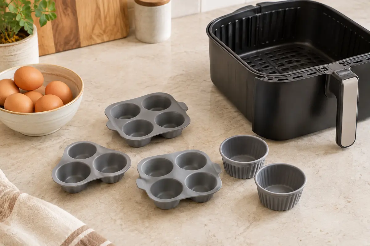 Petits moules à œufs en silicone et ramequins posés près d’un panier de friteuse à air