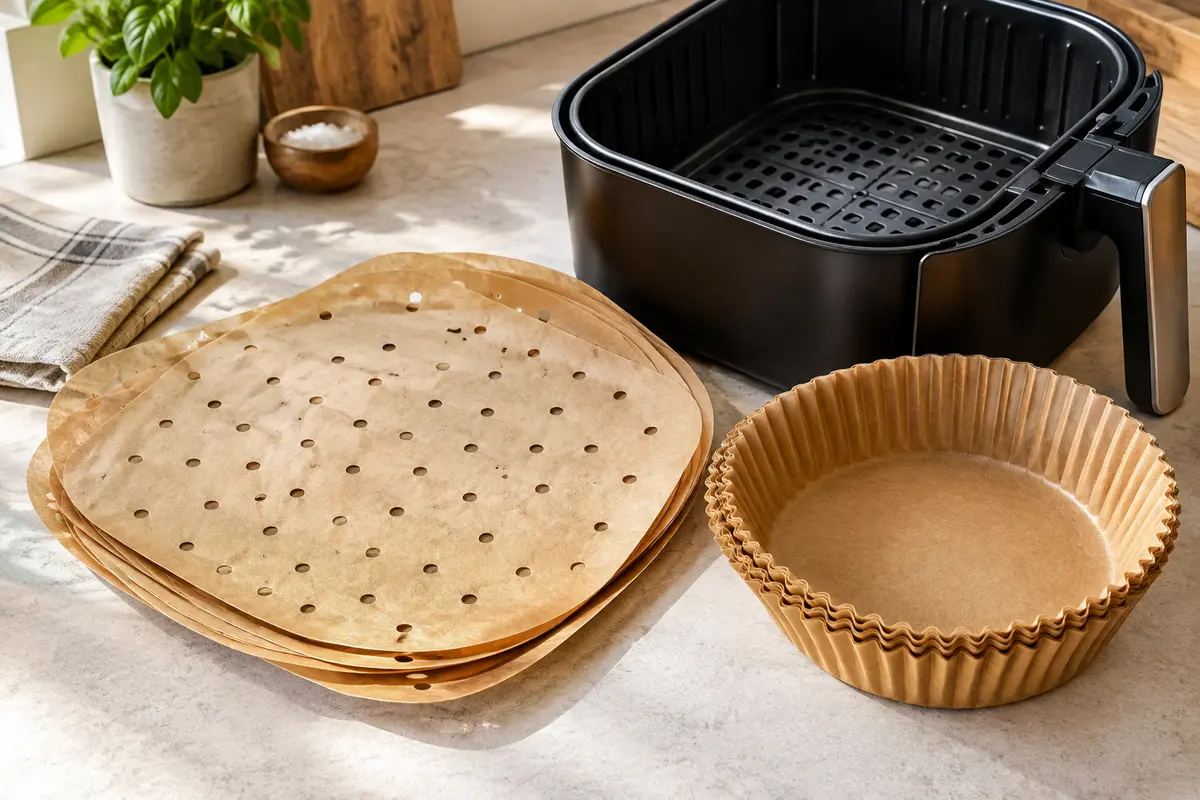 Feuilles de cuisson perforées et coupelles en papier près d’un panier vide