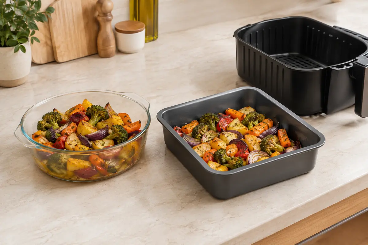 Plat rond en verre garni de légumes et plat carré en métal près d’un panier de friteuse