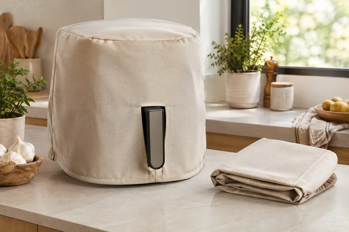 Friteuse à air recouverte d’une housse de protection dans une cuisine claire