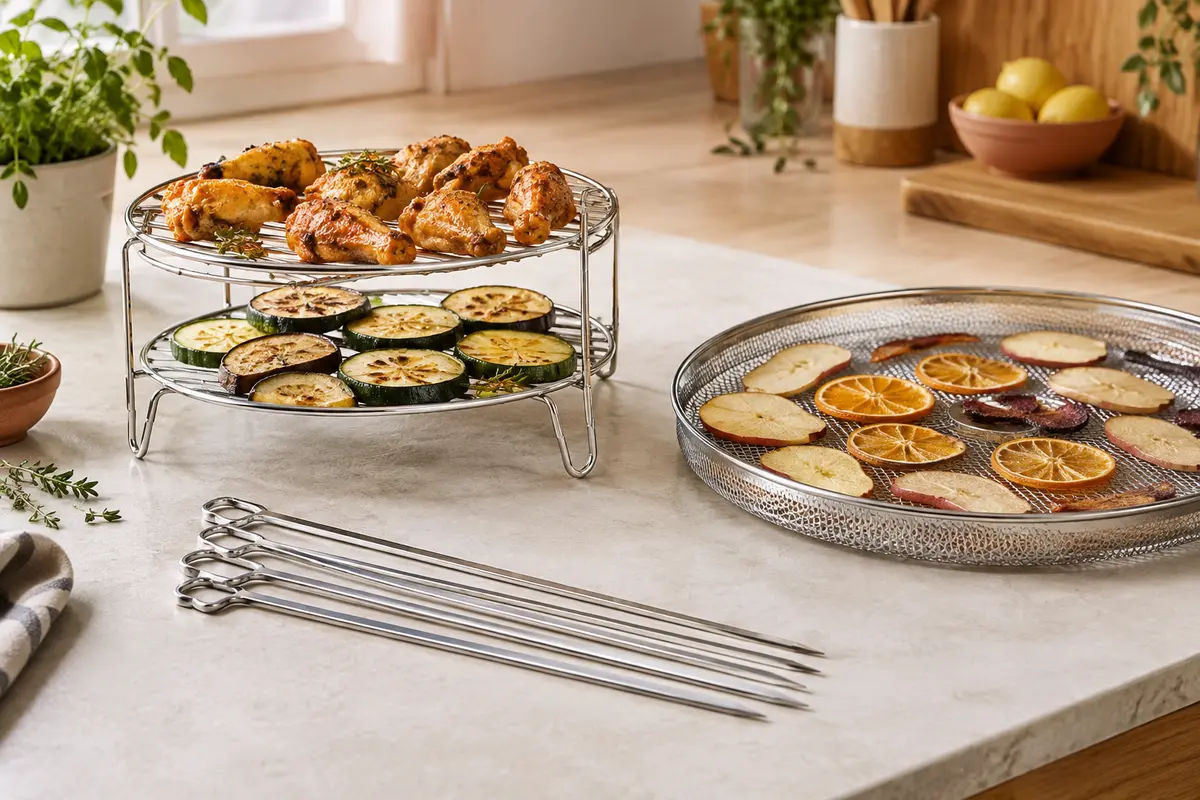 Grille surélevée, brochettes et plateau de déshydratation pour friteuse à air