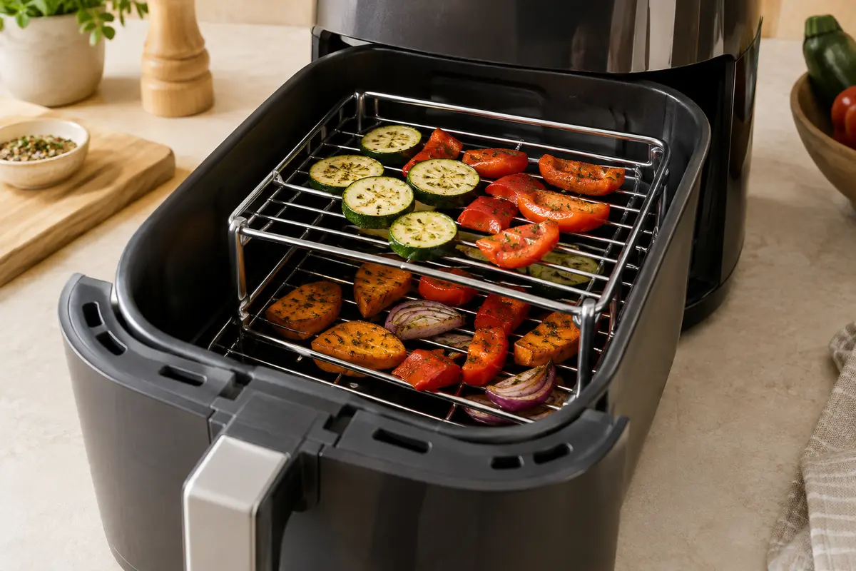 Grille de cuisson à deux niveaux installée dans un panier de friteuse à air