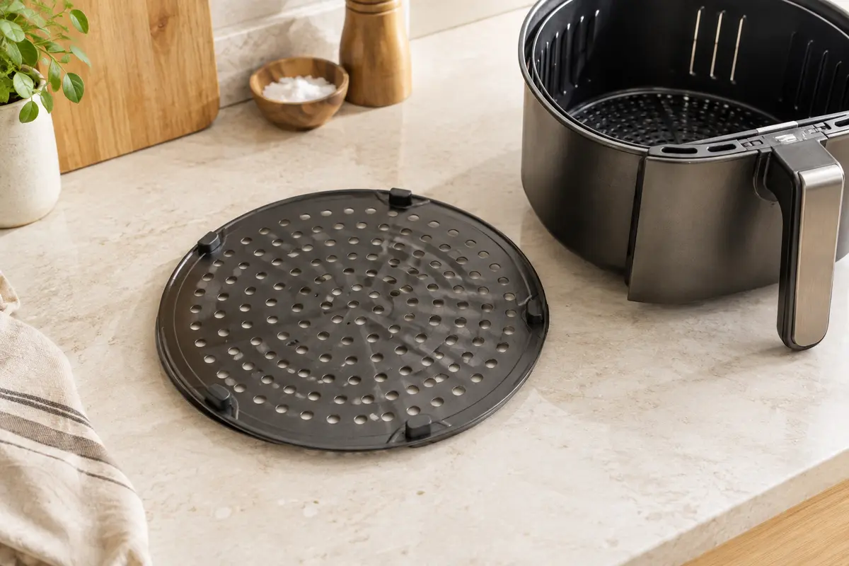 Plaque de fond perforée posée à côté d’un panier de friteuse à air vide