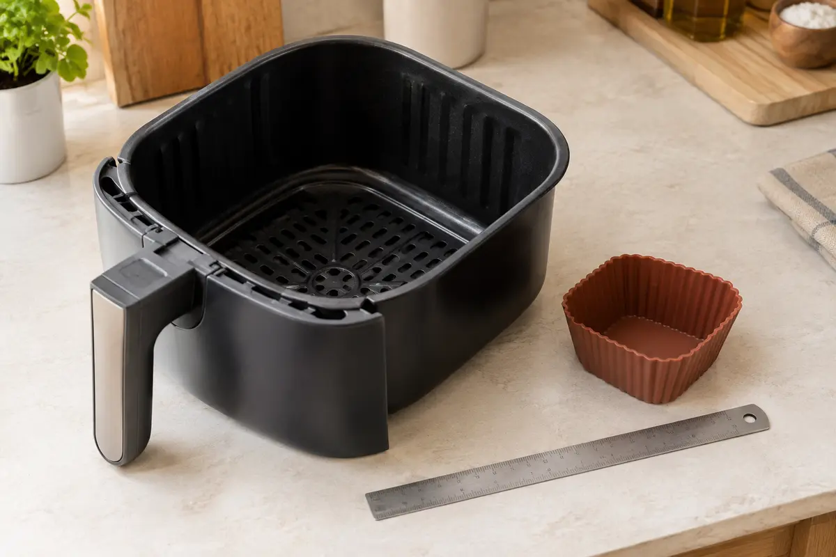 Panier de friteuse à air et moule en silicone mesurés pour vérifier leur compatibilité.