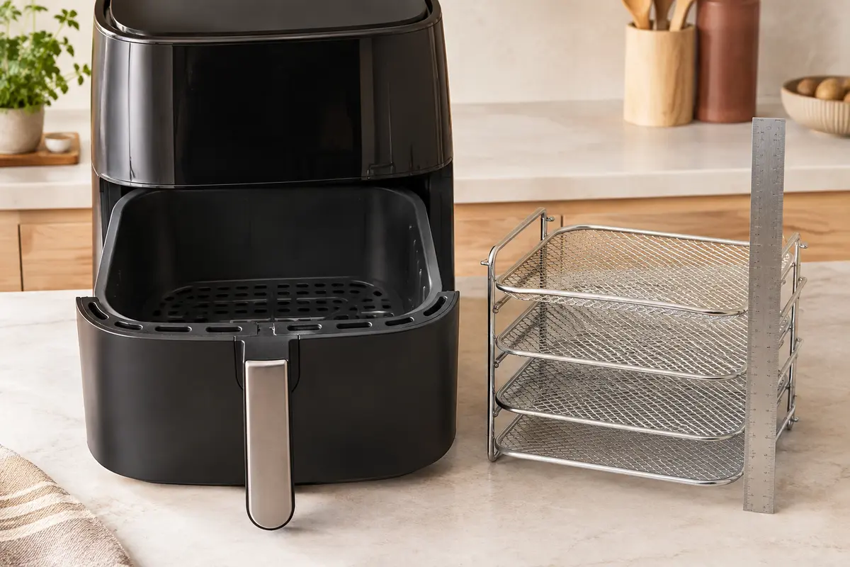 Grille multi-niveaux et panier de friteuse à air mesurés pour vérifier l’espace vertical disponible