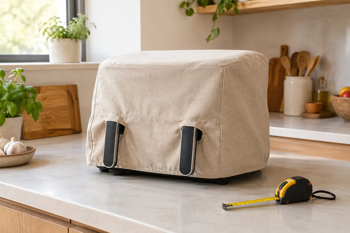 Friteuse à air refroidie sous une housse de rangement, avec un mètre ruban posé à côté.