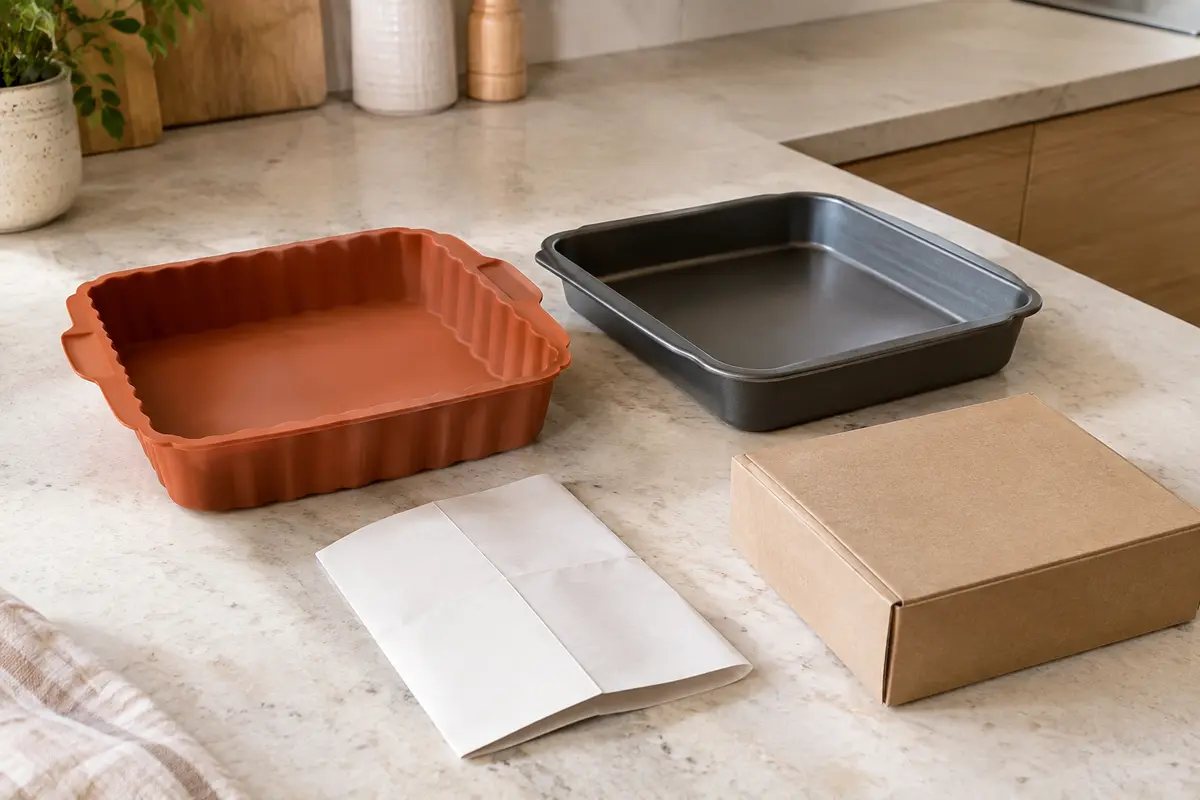 Panier de friteuse à air avec moule en silicone, plat métallique et notice à consulter
