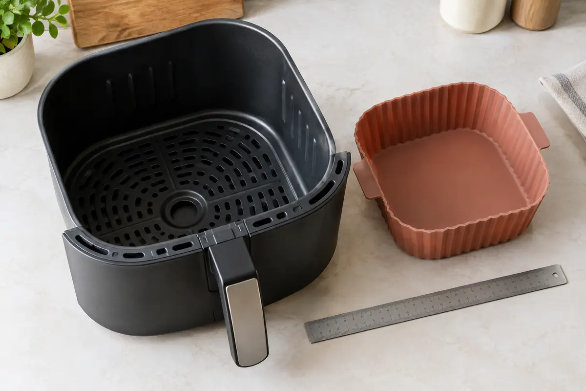 Un moule en silicone et une règle près d’un panier de friteuse à air pour comparer leurs dimensions.