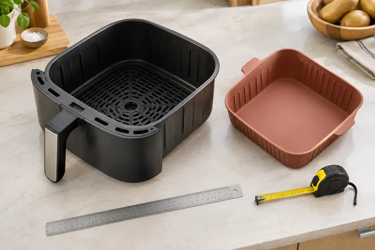 Panier de friteuse à air et bac en silicone accompagnés d’une règle pour comparer leurs dimensions