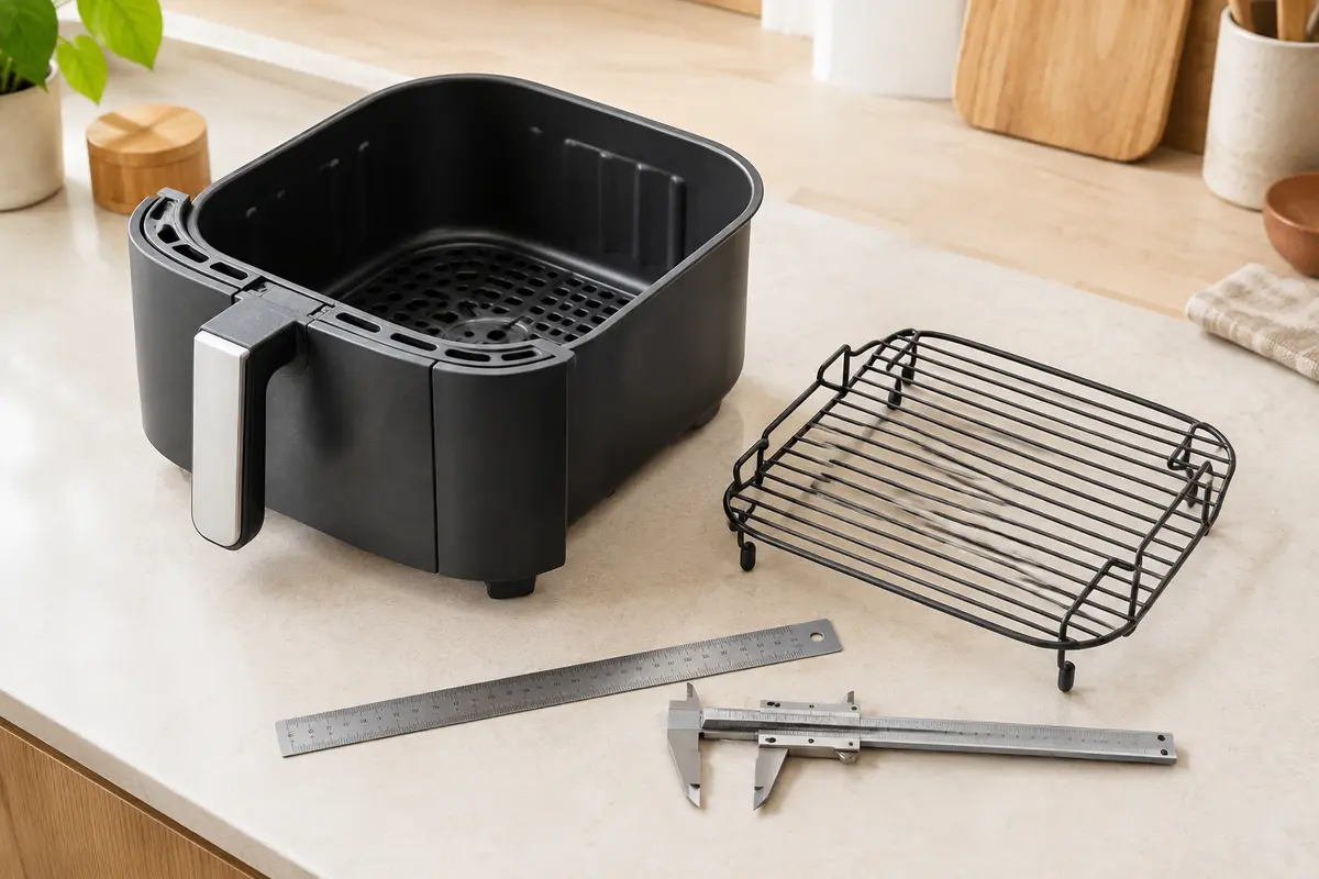 Panier de friteuse à air et grille de rechange avec règle pour relever les dimensions et les appuis