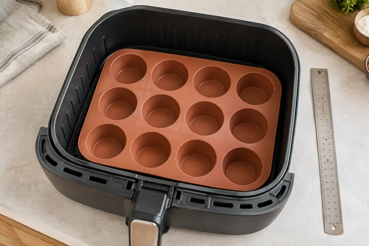 Moule à muffins en silicone dans un panier de friteuse à air, avec un espace visible sur les côtés.