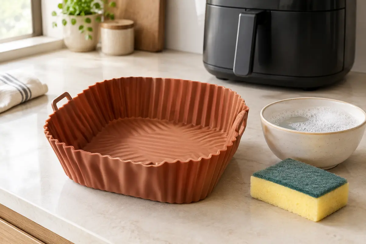 Moule en silicone propre posé près d’une éponge douce et d’une friteuse à air refroidie