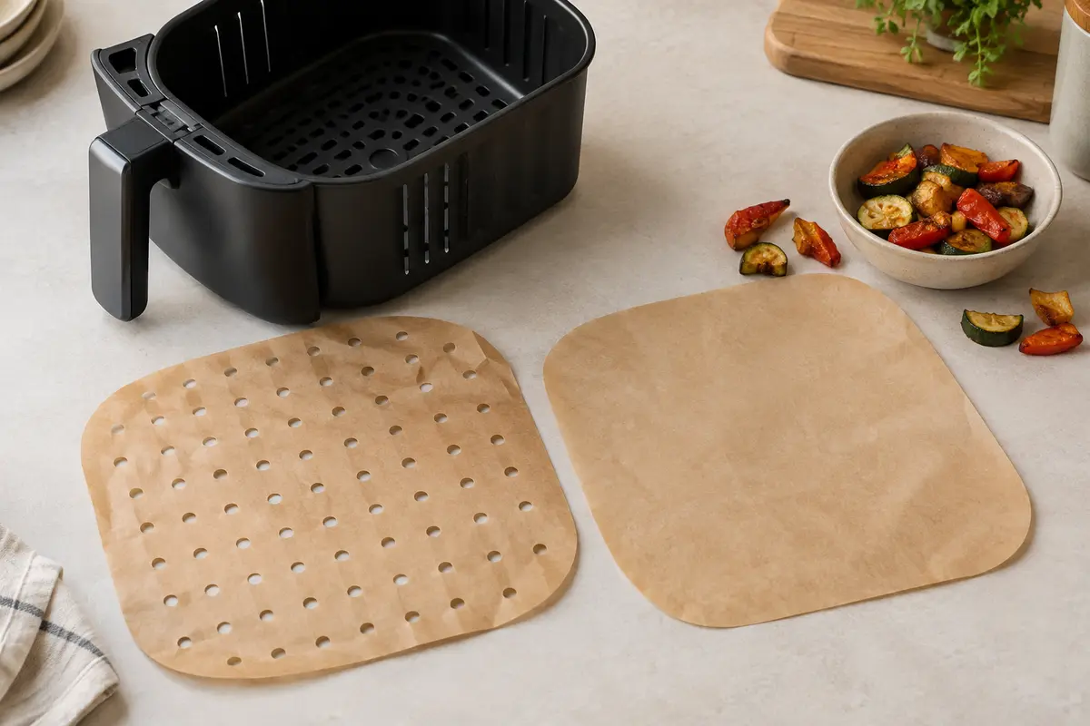 Feuilles de cuisson perforée et pleine présentées côte à côte près d’un panier de friteuse à air