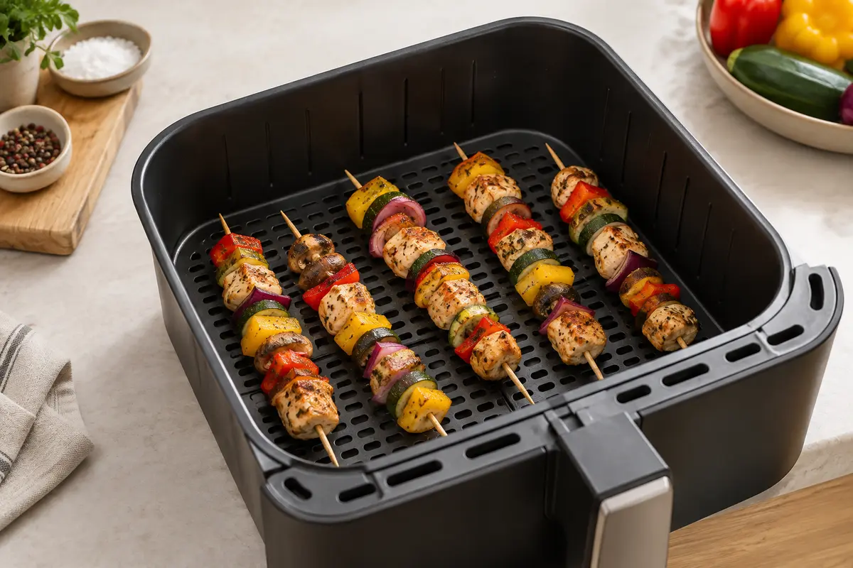 Brochettes espacées dans un panier de friteuse à air, sans contact avec les parois