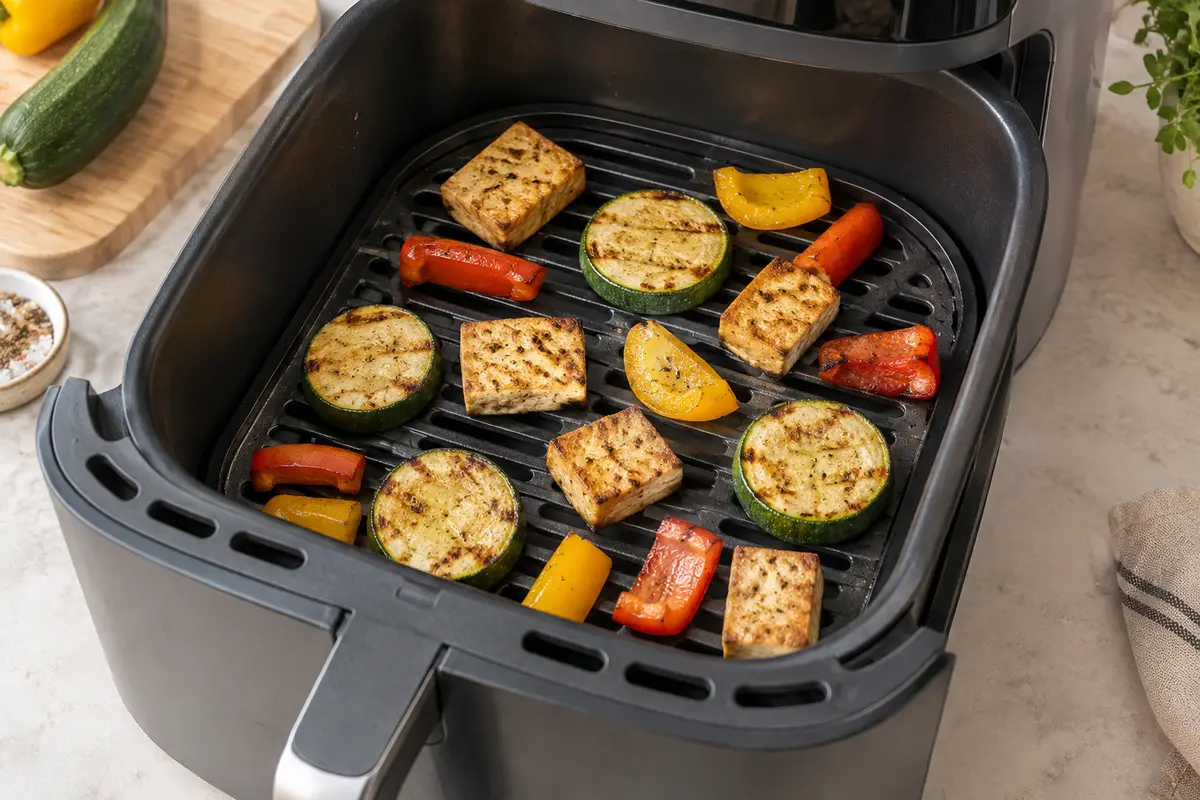 Plaque grill striée dans un panier de friteuse à air, garnie de légumes et de morceaux de tofu dorés.