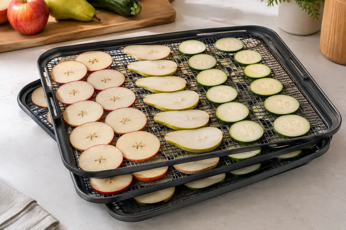 Tranches de fruits et légumes espacées en une seule couche sur un plateau ajouré de déshydratation