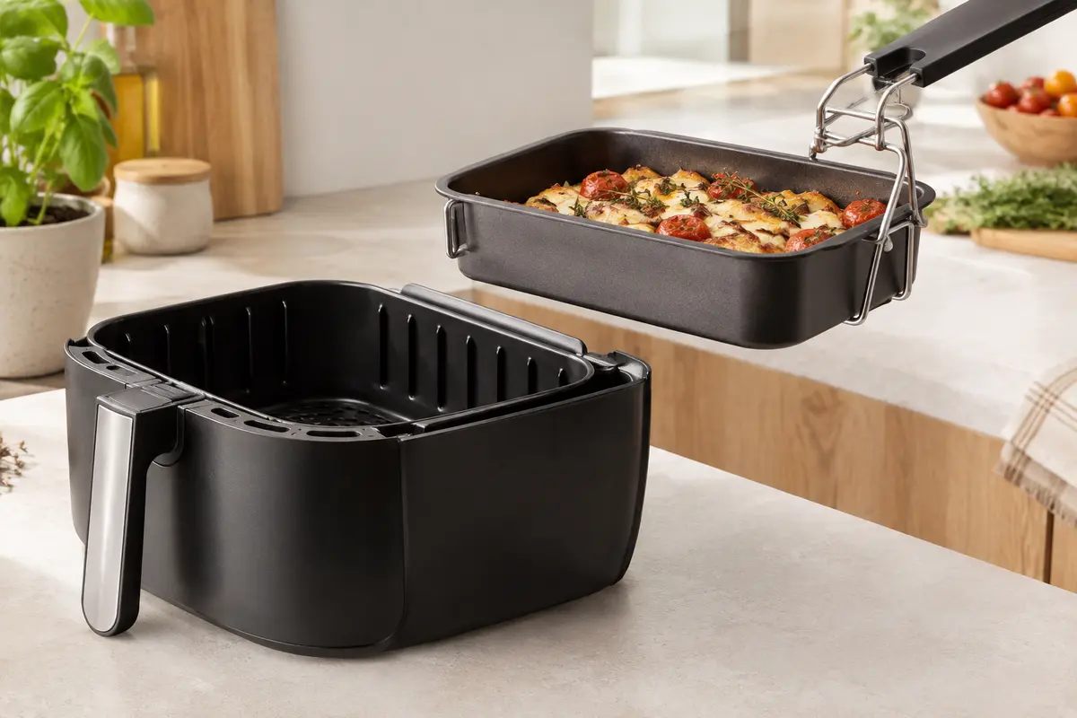 Pince de levage maintenant un plat à l’horizontale au-dessus du panier d’une friteuse à air