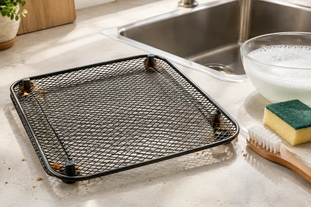 Grille de friteuse à air près d’une éponge douce et d’une brosse pour le nettoyage des résidus.