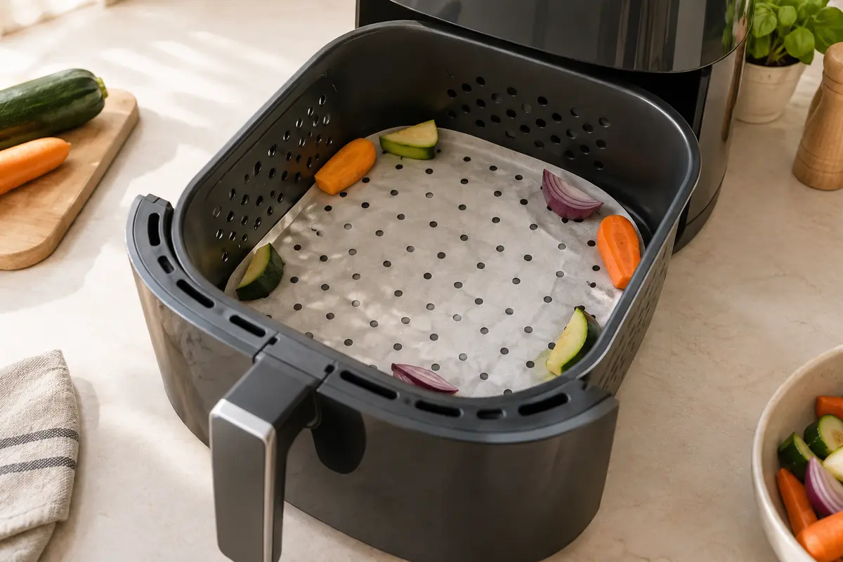 Feuille de cuisson perforée ajustée au panier d’une friteuse à air et maintenue sous des légumes.