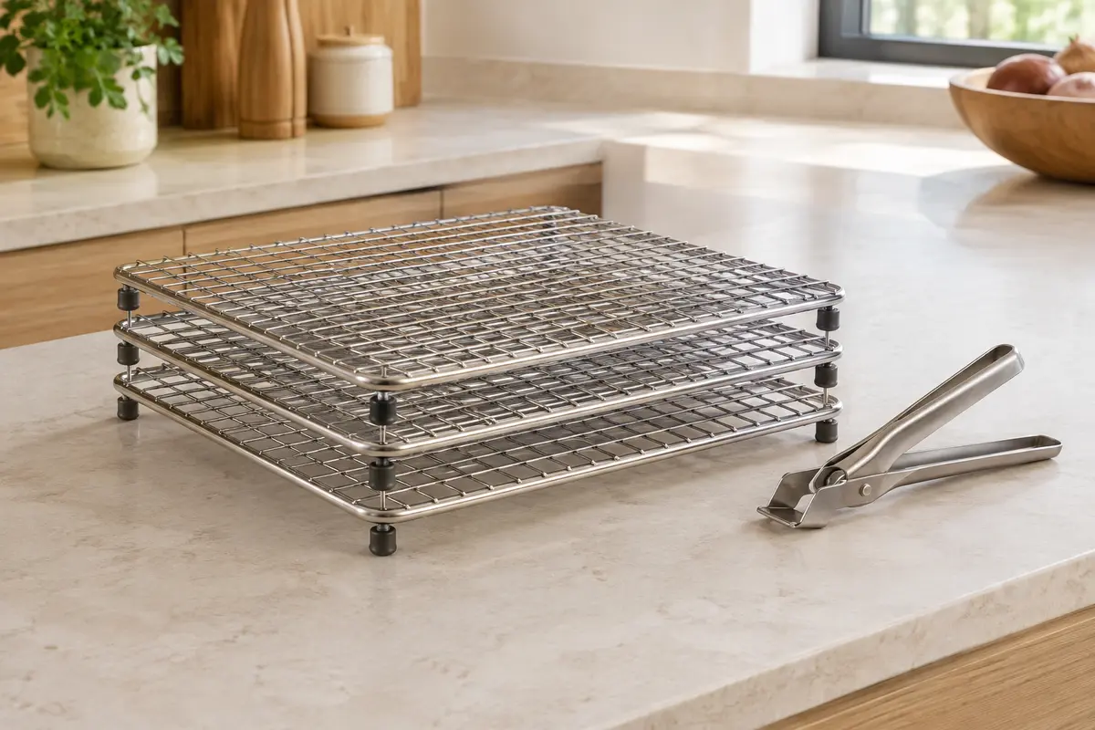 Trois grilles carrées empilables en inox avec pieds en silicone, posées sur un plan de cuisine clair.