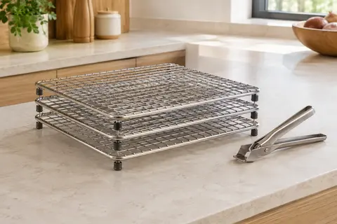 Trois grilles carrées empilables en inox avec pieds en silicone, posées sur un plan de cuisine clair.