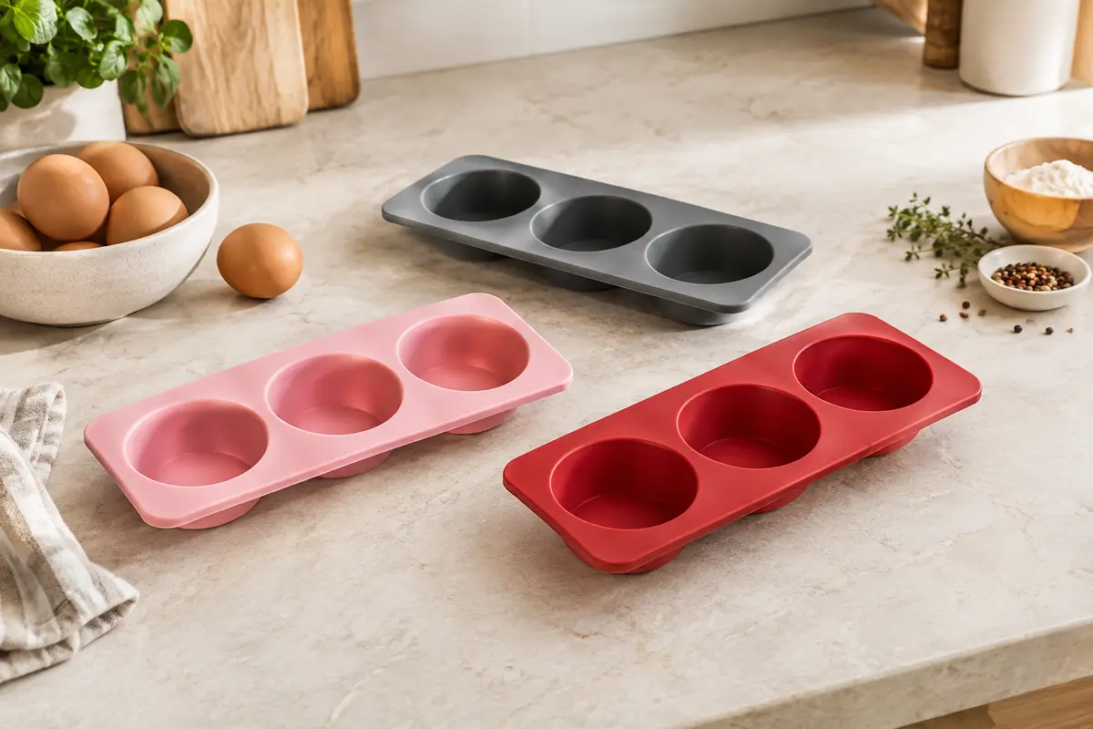 Trois moules à œufs en silicone rose, gris et rouge posés sur un plan de travail clair