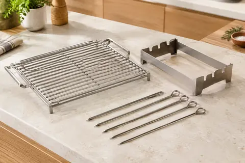 Grille de cuisson en acier inoxydable et support Ainiv avec quatre brochettes sur un plan de travail clair