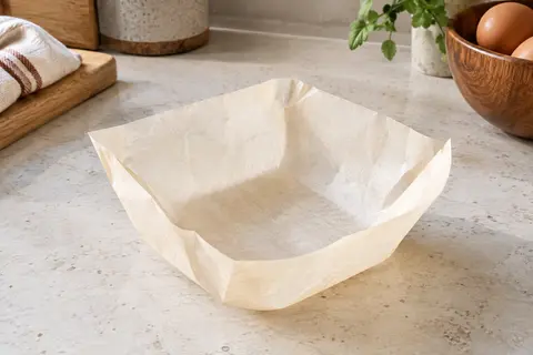 Feuille carrée de papier cuisson préformée avec rebords, posée sur un plan de travail clair