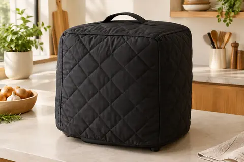 Housse noire matelassée avec poignée, posée sur une friteuse à air dans une cuisine lumineuse.