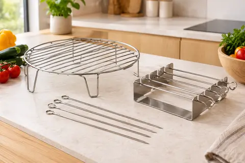Grille surélevée en inox, support à brochettes et quatre brochettes posés sur un plan clair