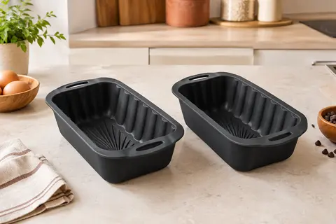 Deux moules noirs en silicone pour friteuse à air, avec poignées et fond texturé