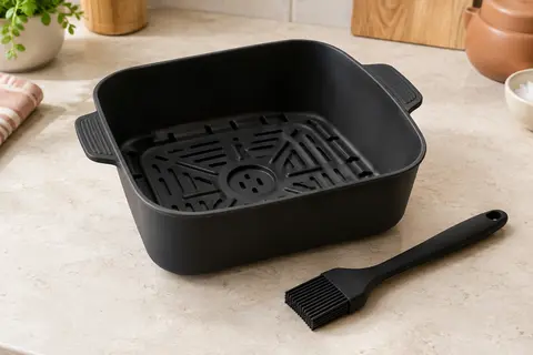 Moule carré noir en silicone avec poignées et pinceau à huile, posé sur un plan de travail clair