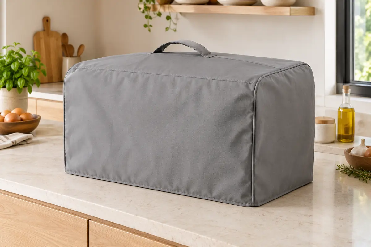 Housse grise rectangulaire, plus large que haute, avec poignée, recouvrant une friteuse à air à double tiroir