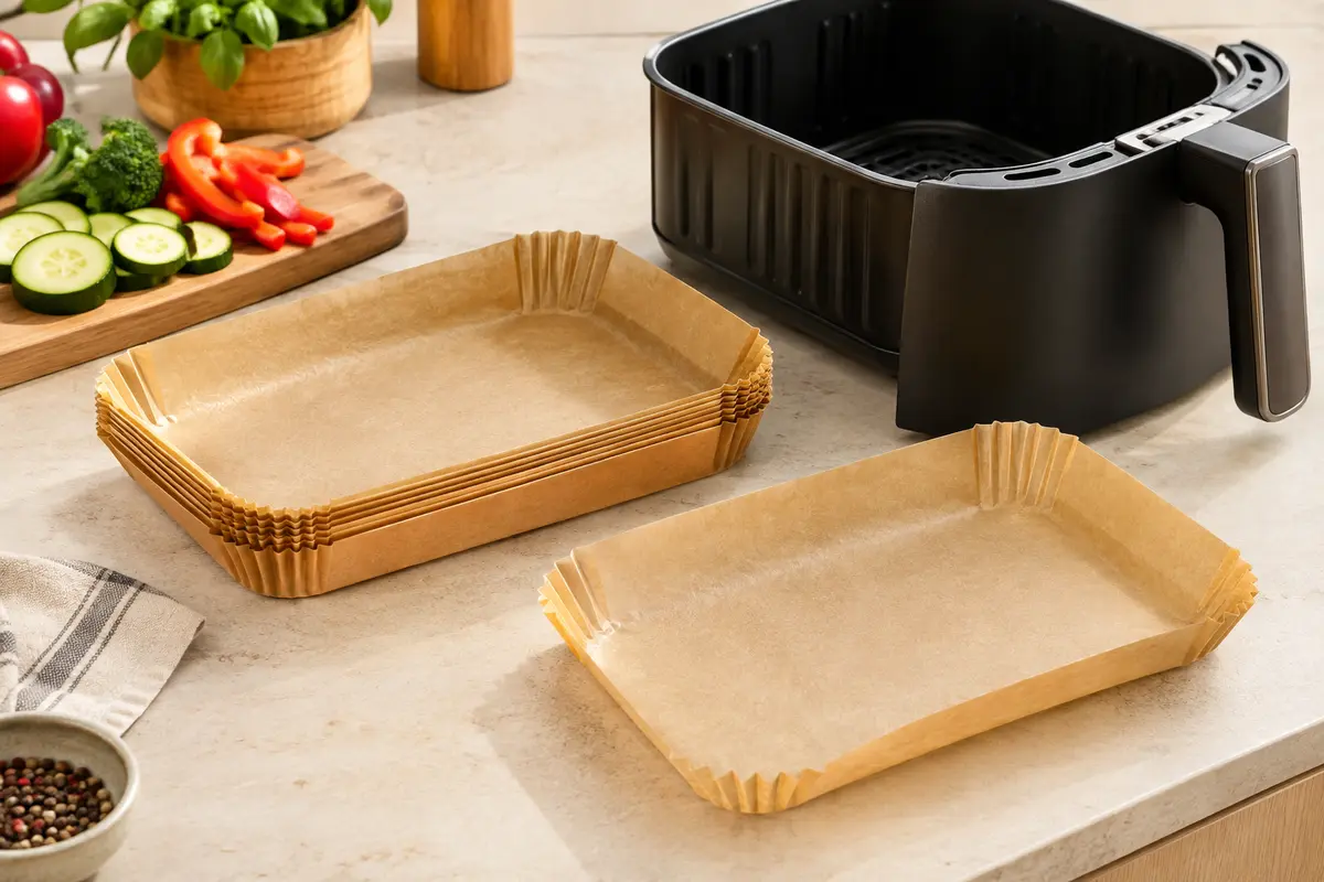 Feuilles de cuisson dorées rectangulaires à rebords posées près d’un panier de friteuse à air.