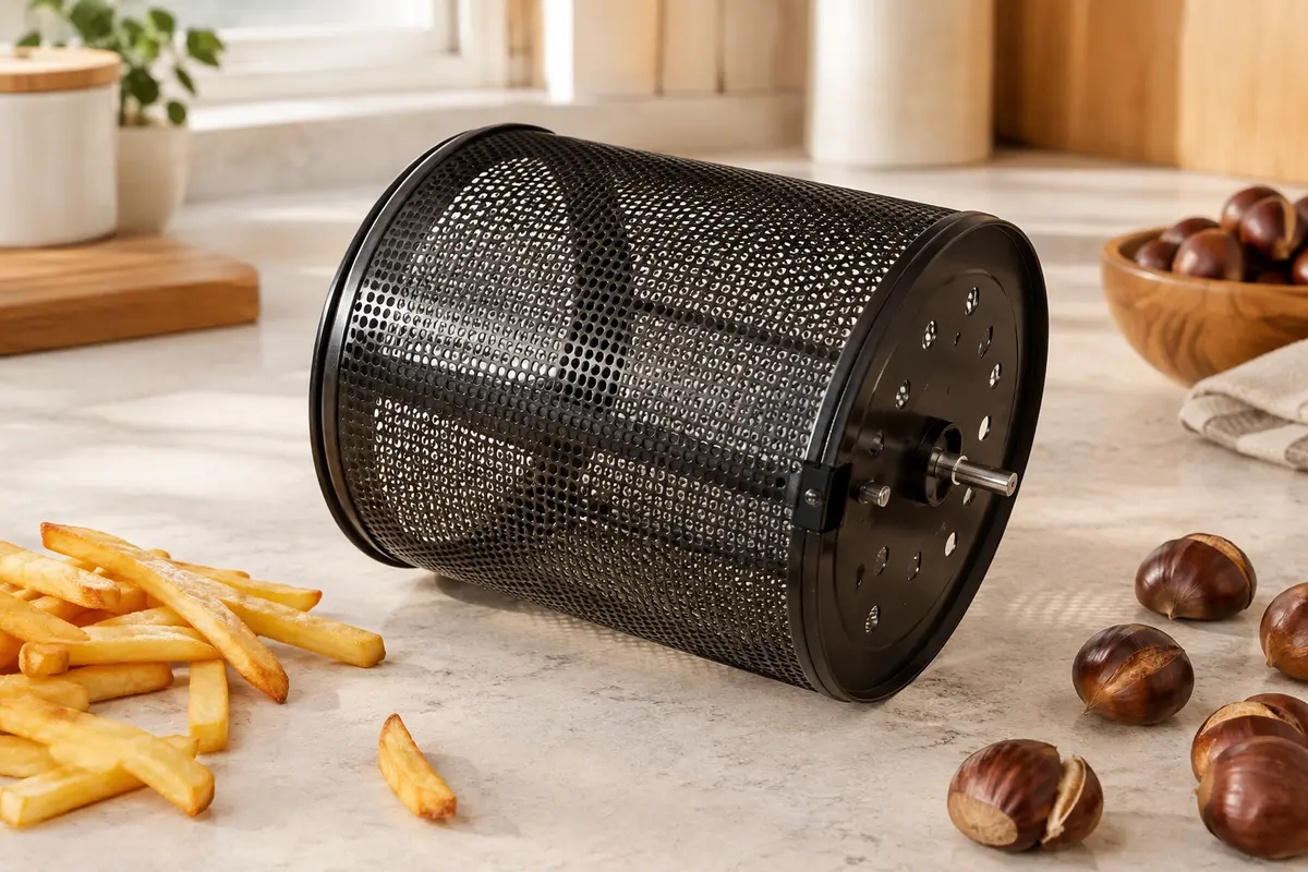 Panier rotatif perforé en acier noir posé sur un plan de travail clair dans une cuisine contemporaine.