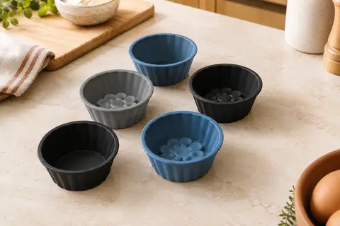 Six petits moules en silicone noirs, gris et bleus, posés sur un plan de travail clair