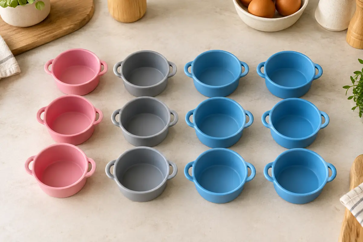 Douze petits ramequins en silicone rose, gris et bleu alignés sur un plan de travail clair