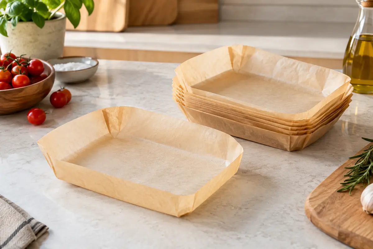 Feuilles de papier cuisson préformées pour friteuse à air double, présentées sur un plan de travail clair