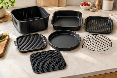 Ensemble de huit accessoires noirs Cecotec pour friteuse à air, disposés sur un plan de travail clair