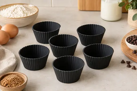Six moules à muffins noirs en silicone disposés sur un plan de travail clair près d’ingrédients de pâtisserie.