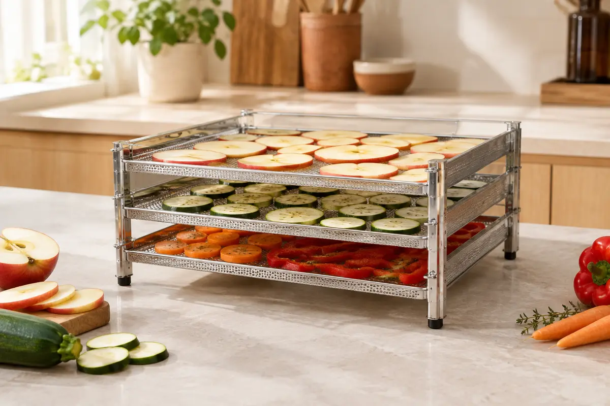 Grille empilable en acier inoxydable à trois niveaux présentée avec des tranches de fruits sur un plan clair.