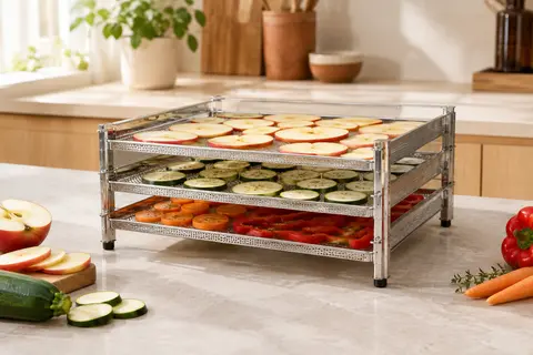 Grille empilable en acier inoxydable à trois niveaux présentée avec des tranches de fruits sur un plan clair.