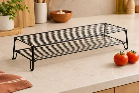 Grille de cuisson noire allongée à deux niveaux en fils métalliques, sur quatre pieds pliants, posée sur un plan de travail en pierre claire