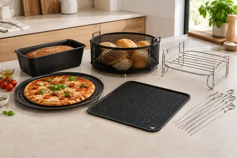 Kit d’accessoires noirs pour friteuse à air avec moules, corbeille, tapis, support métallique et brochettes