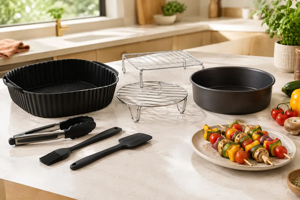 Kit d’accessoires noirs et métalliques pour friteuse à air présenté sur un plan de travail clair