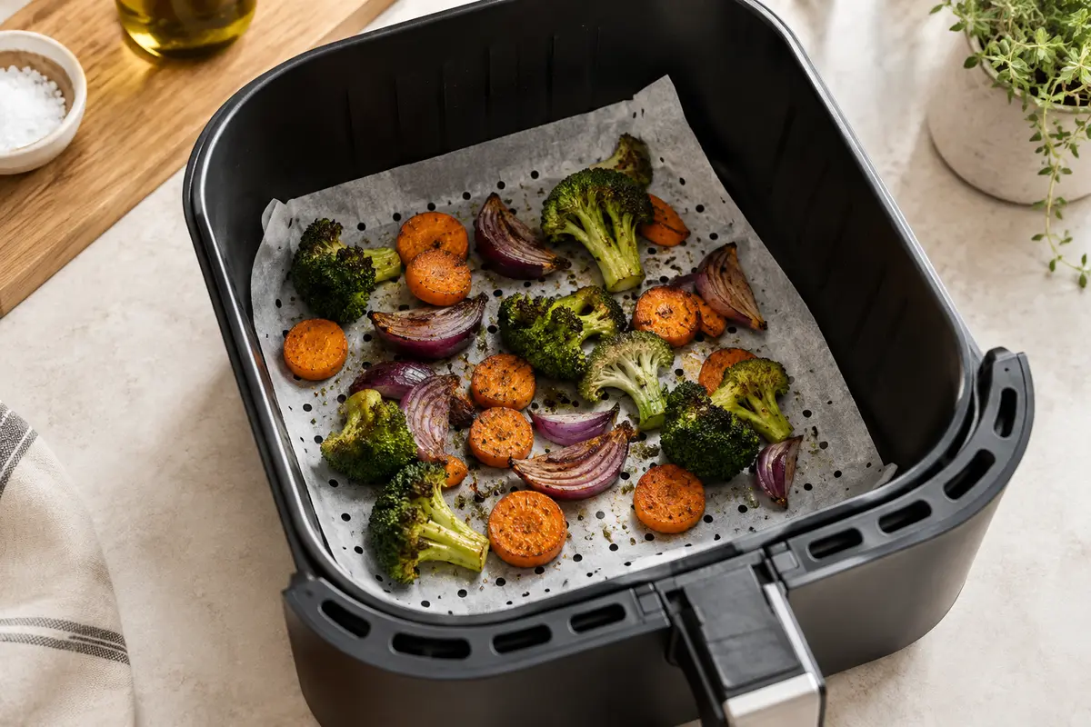 Feuille carrée de papier perforé sous des légumes dans le panier d’une friteuse à air